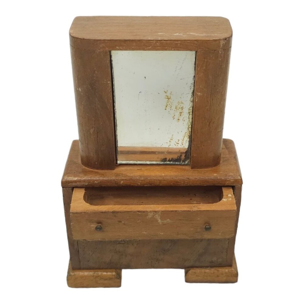 Wooden Dollhouse Tall Mirrored Dresser Vintage 1950s Two Knob Pull Out Drawer